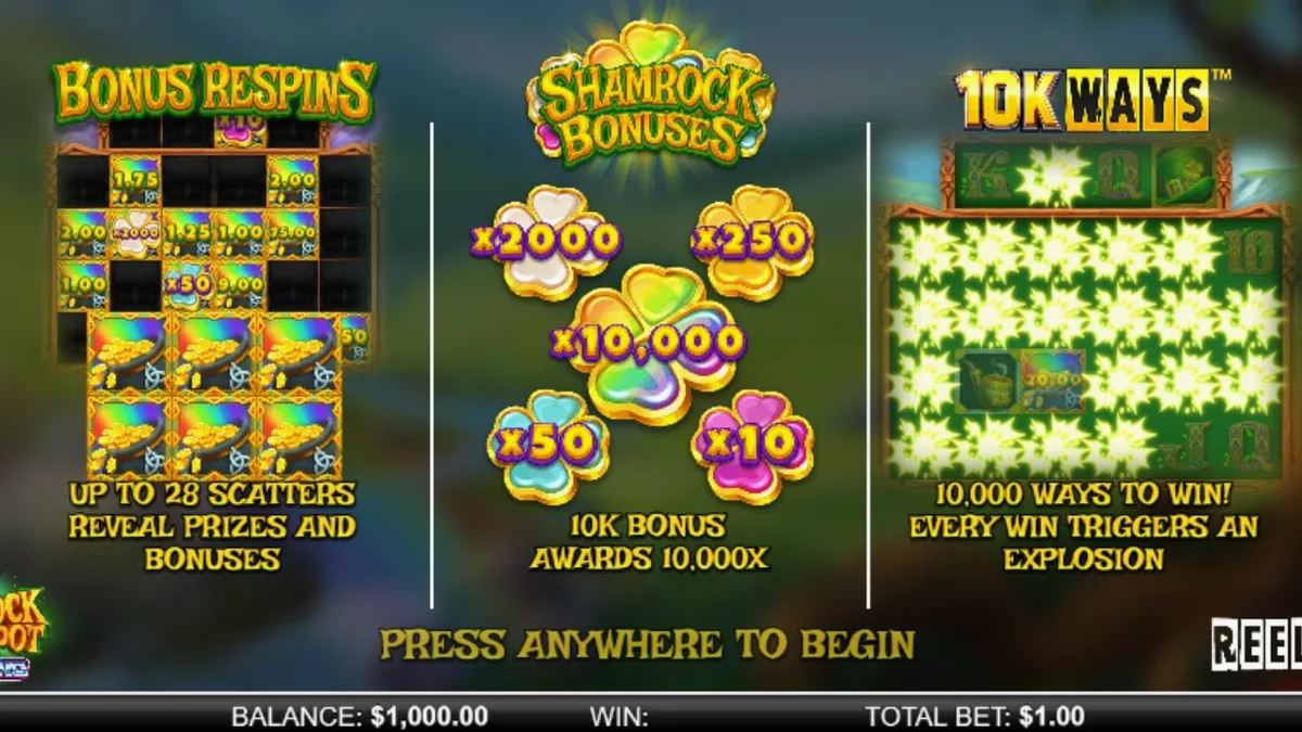 Tampilan visual slot Shamrock Money Pot Big Bang dengan tema keberuntungan